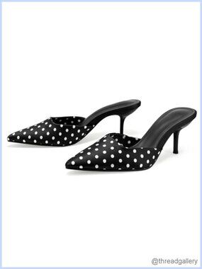 Pointed Toe Polka Dot Satin Heeled Mules Stiletto Heel Backless Pumps